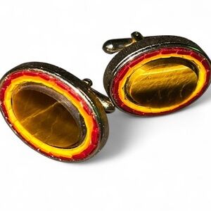Vintage Tigers Eye Italian Micro Mosaic Gold Tone Cuff Links